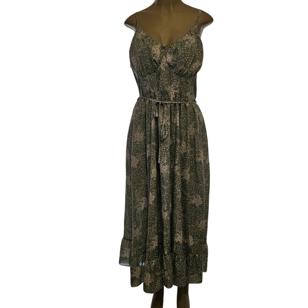 Simplee Sage Green Floral Midi Dress Sweetheart Neck Ruffle Hem Size M